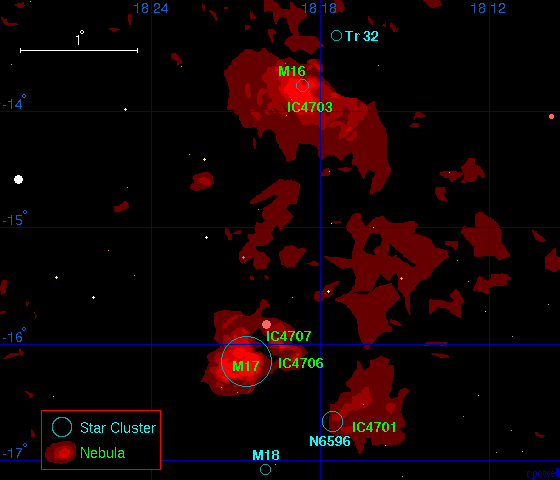 A map of the Eagle and Omega Nebulae